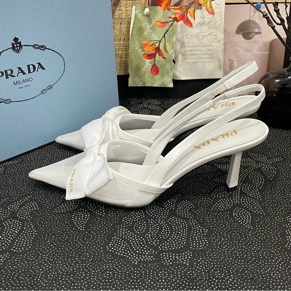 Prada White Bow Pointed Slingback Heels